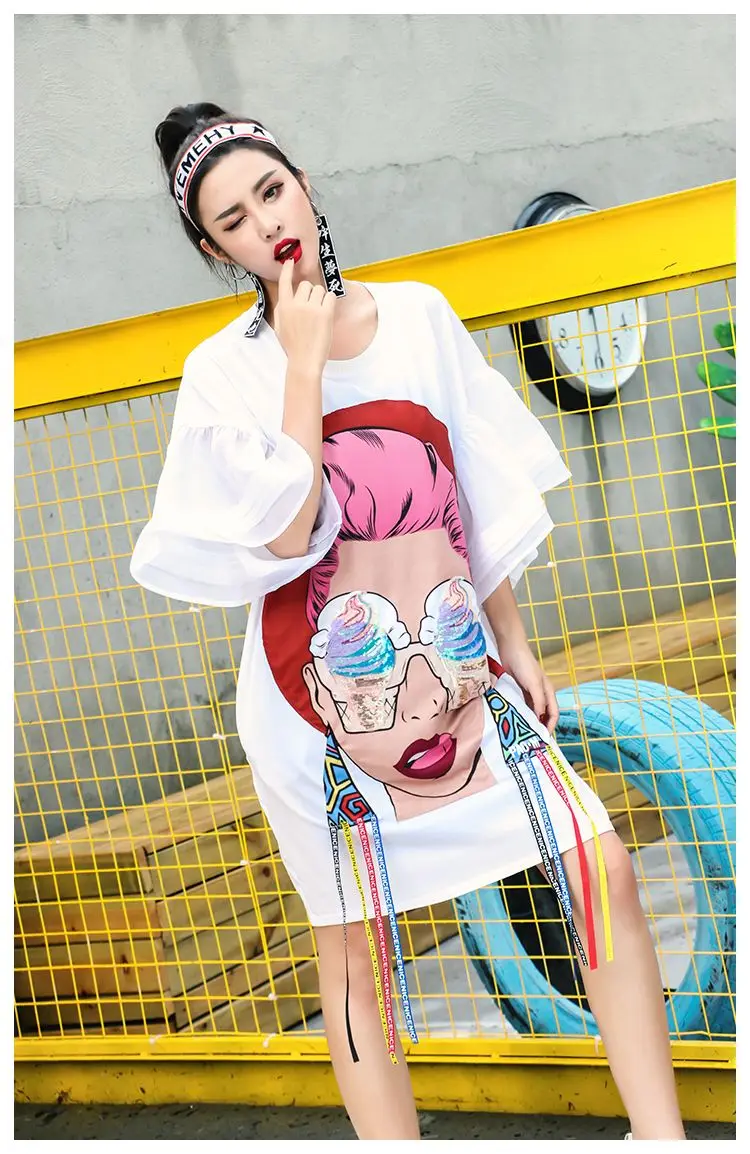 Летняя забавная футболка с 3D-принтом с пайетками, с расклешенным рукавом и бахромой, Нерегулярные платья-футболки, женское платье большого размера, vestido