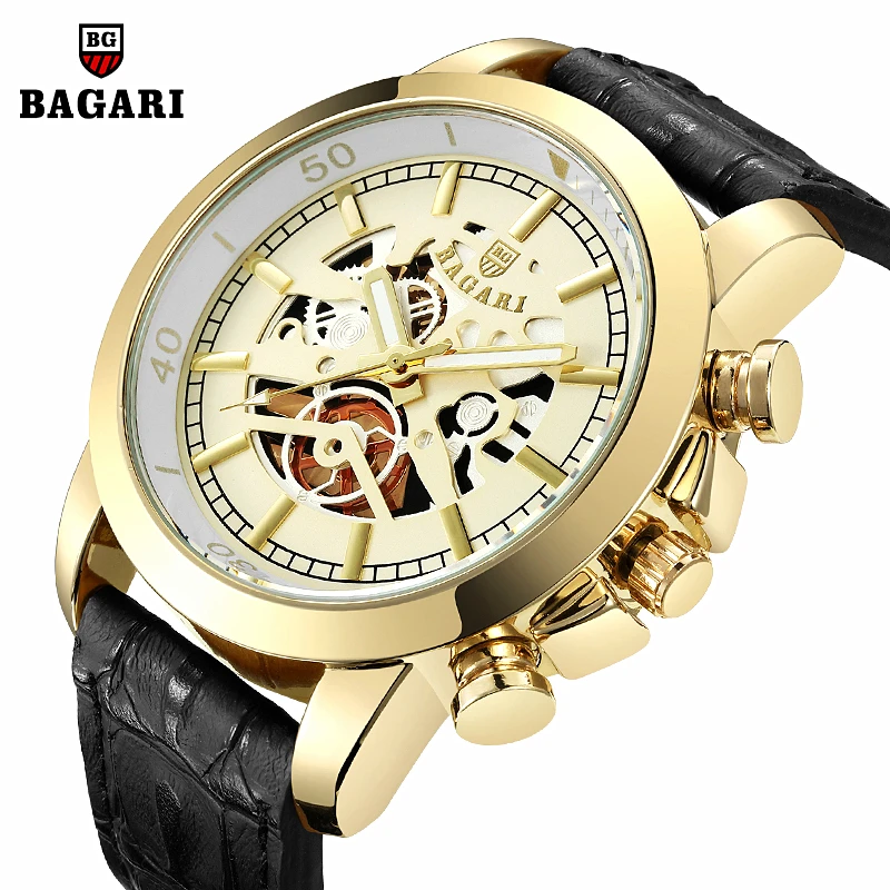 

BAGARI Men Watch Hollow Skeleton Watches Waterproof Male Clock Quartz Leather Men Gold Watch Sports Wristwatch Relogio Masculino