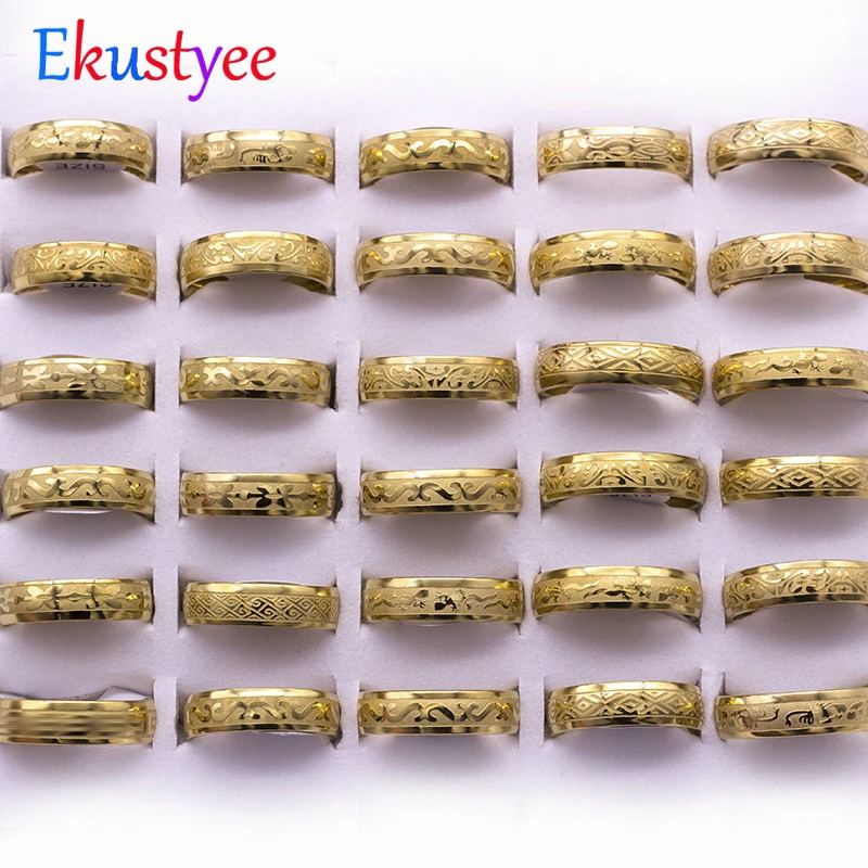 

20pcs/lot Top Quality Gold/Silver 6mm Sculpture Stainless steel Rings for men&women 2019 new arrival stripe/flower/gecko Ring