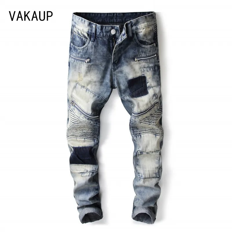 Mens Denim Pants Clothes Ripped Big Size Cotton Black Slim Fit Motorcycle Biker Jeans Men Vintage Distressed Skinny Jeans Men