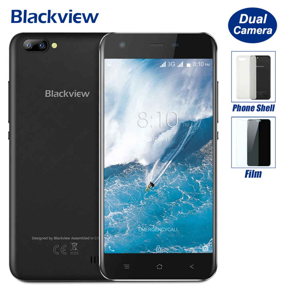 Blackview A7 5.0 inch HD Mobile Phone Android 7.0 MTK6580A Quad Core 1GB RAM 8GB ROM 5MP Cam Dual Rear Cameras 2800mAh Battery | Мобильные