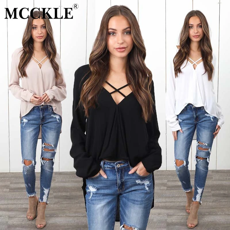 

Women's Solid Sexy Deep V-Neck Chiffon Pullover Shirts 2019 Autumn Female Fashion Tops Lady Cris Cross Long Sleeve Blouse