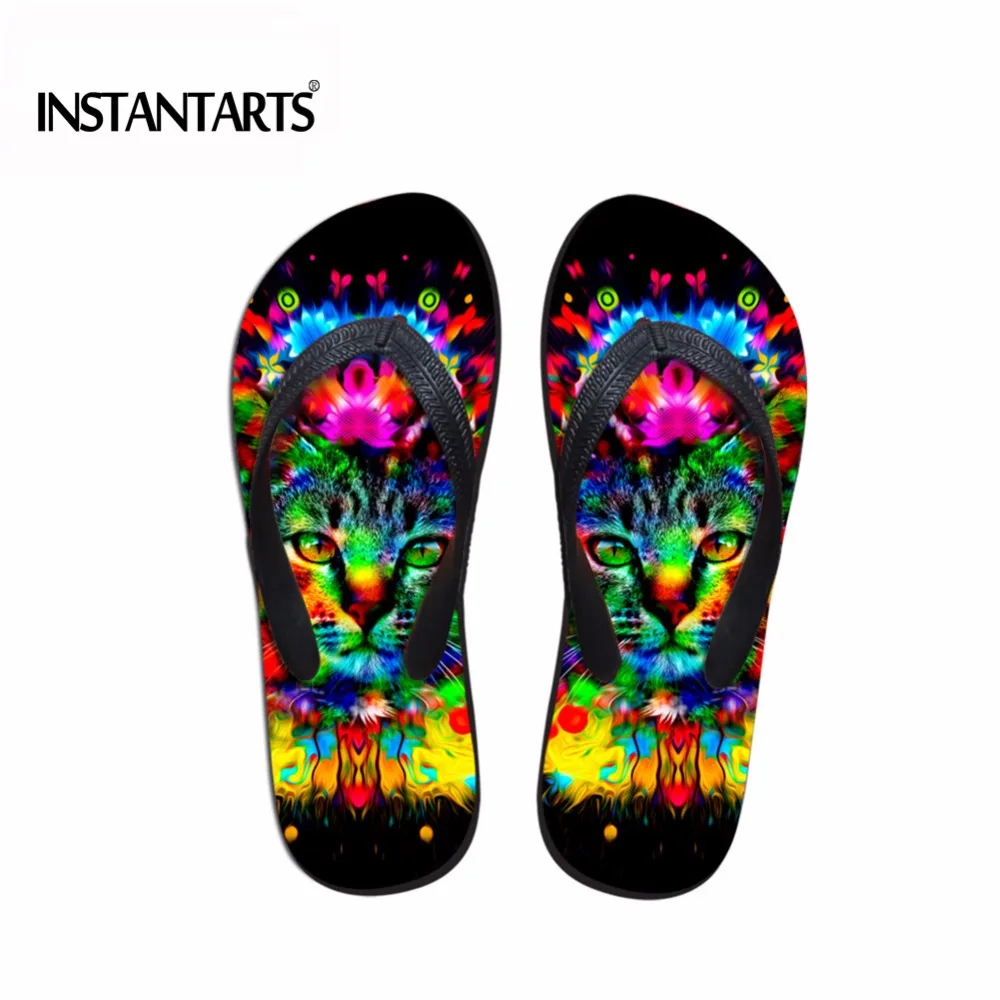 

INSTANTARTS Women Soft Rubber Slippers Cute Colorful Animal Cat Designer Woman Summer Beach Home Flip Flops Ladies Big Flipflops