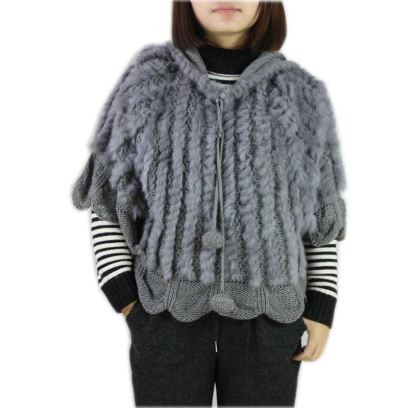 

Knitted Solid Real Rabbit Fur O-Neck With Hooded Women And Girls Natural Fur Waistcoat Outerwear Jacket wholesale harppihop