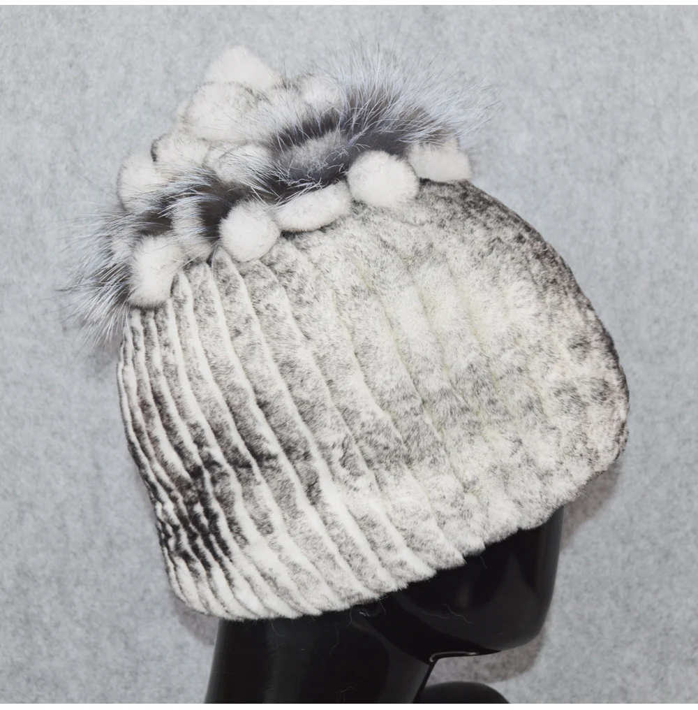 Вязаная женская шапка ручной работы, настоящий мех кролика, топ из лисьего меха, кепки с цветами, женская зимняя теплая Роскошная шапка из натурального меха кролика рекс