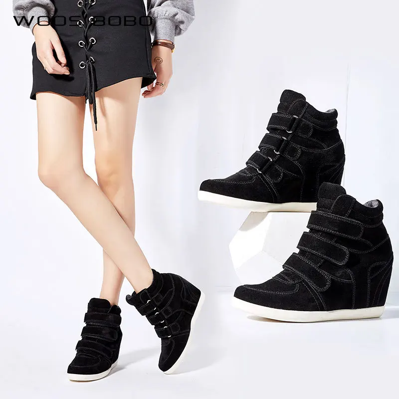 

Women black red Genuine Leather Ankle Boots Female wedges increased Platform short boots Hook Loop Sneakers Casual botas mujer