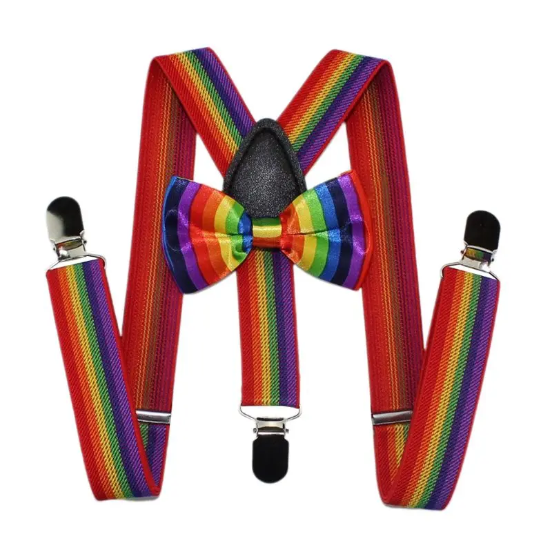 1 2 Pcs/set Cute Fashion Kids Bow Rainbow Striped Tie Strap Clip Set Leading Knot Children Bib Pants Accessories for Boys Girls - Color: 1