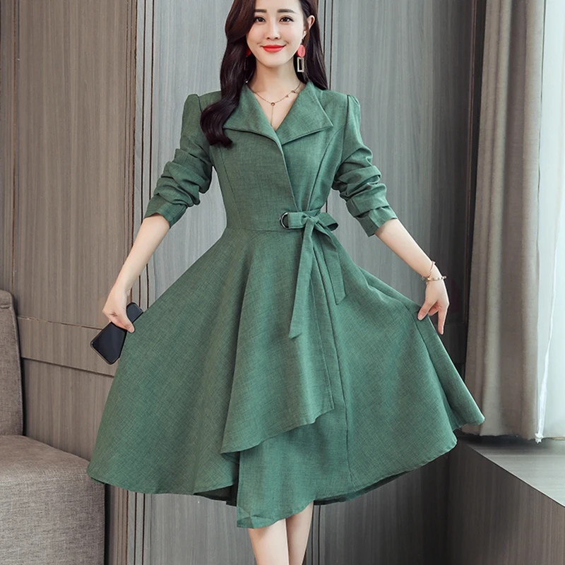 

2019 Spring Women Long sleeve irregular elastic waist Solid Cotton and linen bandage Party dress women Office ladies midi dress