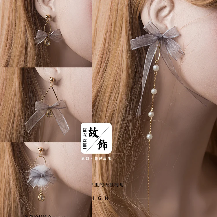 

Princess sweet lolita earrings Ribbon bow tie Grey women pearl Earrings Japanese original sweet fashion earrings GSH205