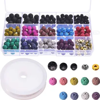 

400 Pieces Assorted Colored Lava Rock Stone Volcanic Beads Spacer Beads with Storage Box and 1 Roll Elastic Crystal String for