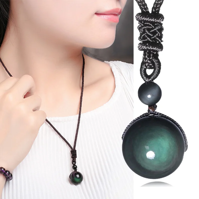 

LNRRABC 1PC Hot Good Luck Trendy Obsidian Stone Rope Chain Unisex Lucky Stone Necklace Pendant Necklace