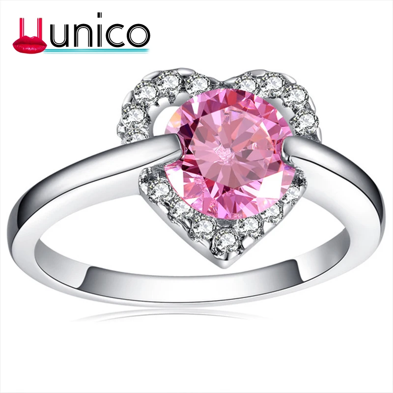 Uunico Изысканные Серебряные сердце-образный обручальные кольца циркон кольцо для Для женщин Bijoux Femme(украшения своими руками) Обручение кольцо, украшения для бракосочетания J50 - Цвет основного камня: Розовый