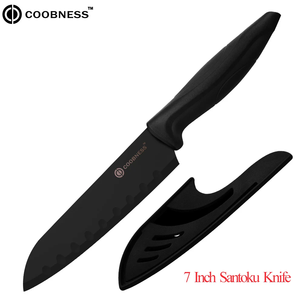 Кухонные ножи COOBNESS, профессиональный нож шеф-повара, нож Santoku, овощерезка, ножи, слайсер для нарезки сосисок, 3Cr13, стальные Черные ножи, наборы - Цвет: 7 Inch Santoku