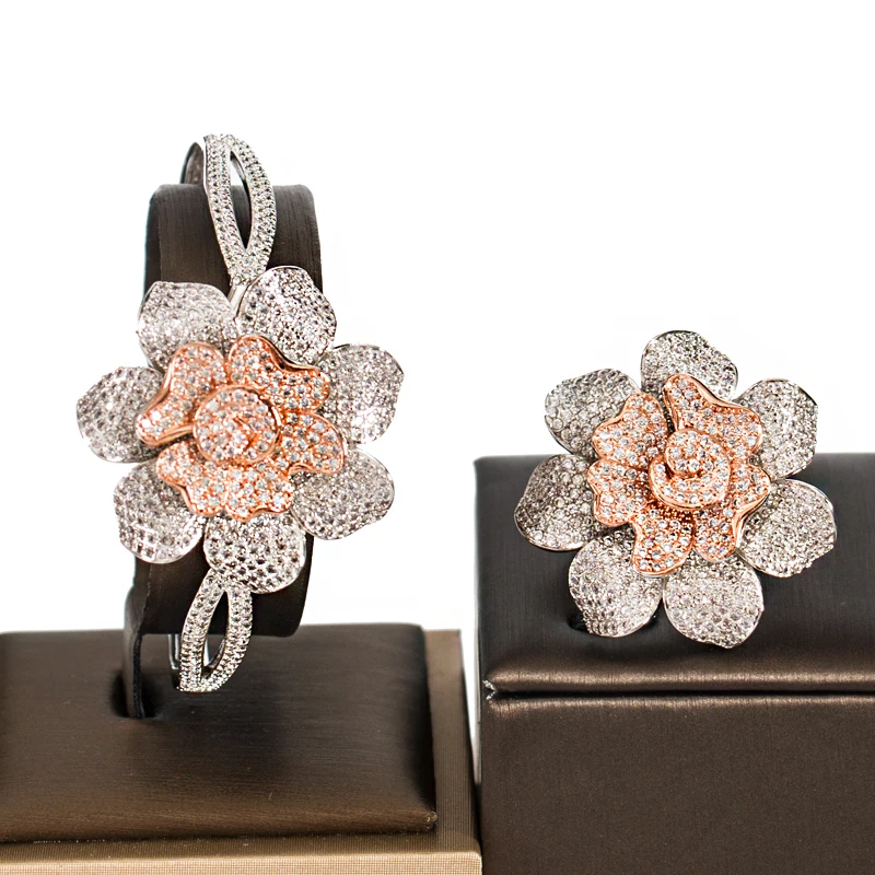 

LANFLORA new arrival wedding jewelry cubic zirconia bridal jewelry set big flowers bangle and ring set free shipping