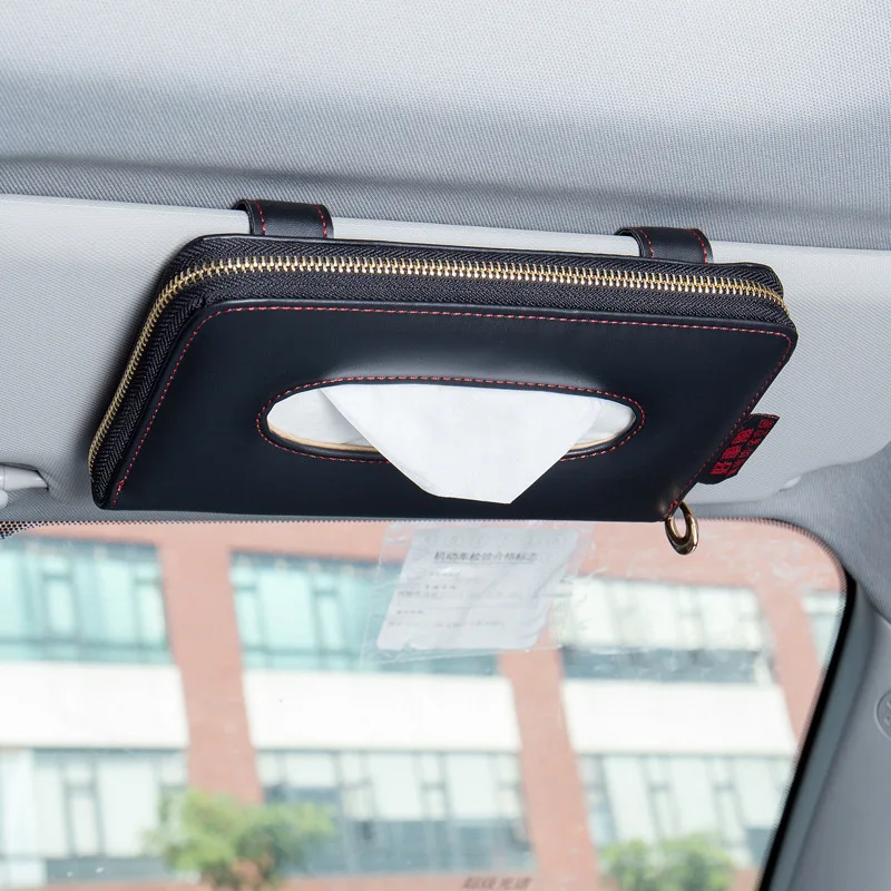 

Car Sun Visor PU Leather Tissue Box Auto Clip Holder Paper Napkin Accessories Car with Zipper Business Style