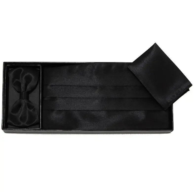 Для мужчин cummerbunds модный мужской Карманный платок квадратный Твердые Галстук-бабочка комплект Пояс кушак ремни Подарочная коробка церемониальный ремень - Цвет: Gift Box Black