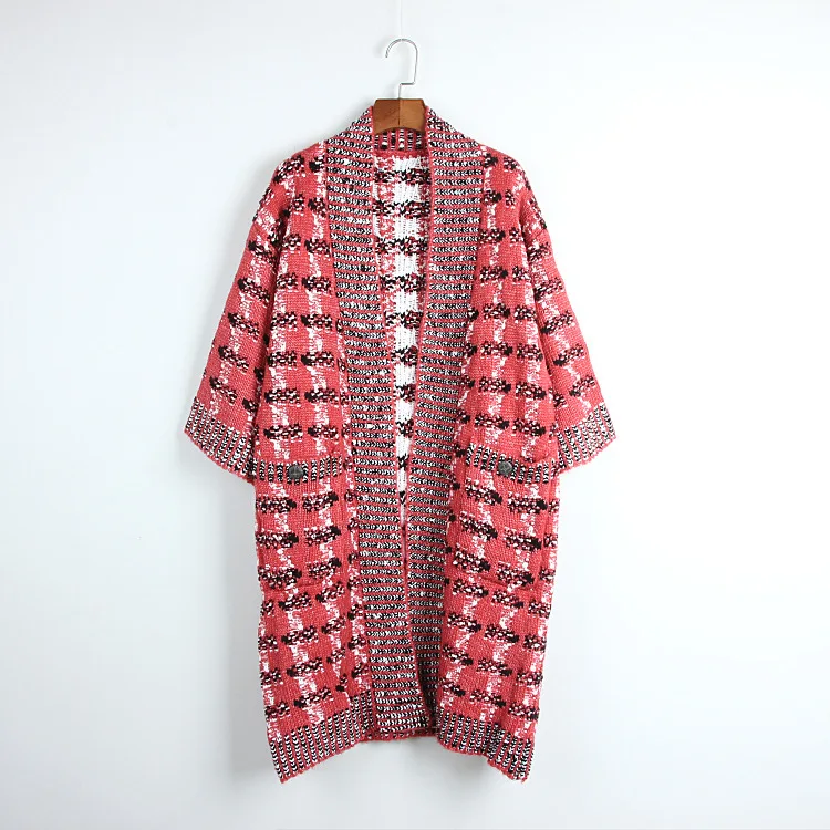 European Women's Sweater Thicken Long Red Plaid Cardigans sueter mujer Casual chaqueta mujer camisola Sweaters