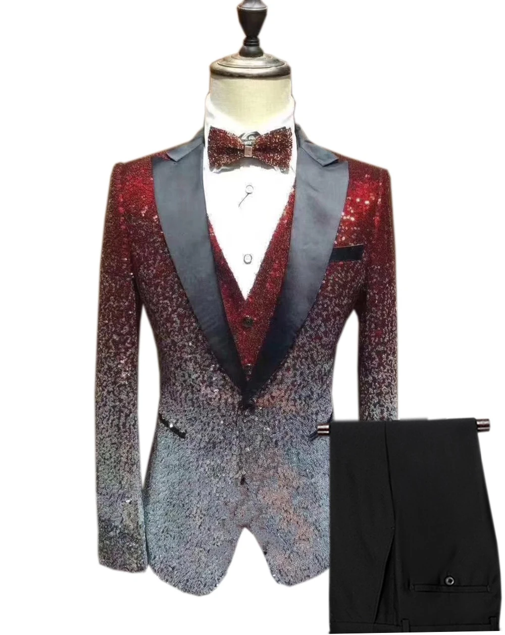3 Pieces Shiny Sequin Mens Suit Slim Fit One Button Peak Notch Lapel Tuxedo For Party Wedding Banquet Nightclub Blazer+Vest+Pant
