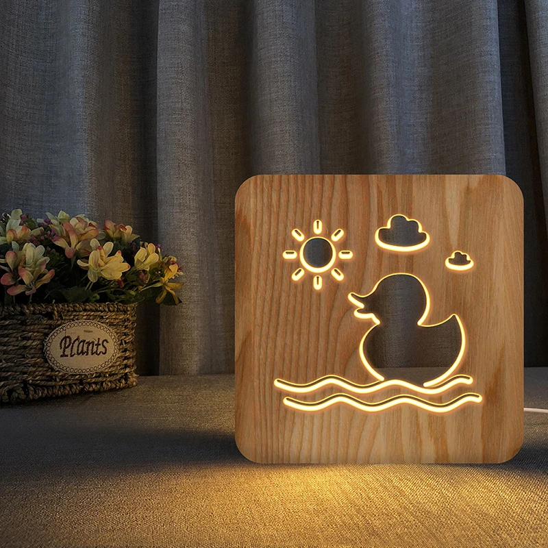 

Wood Night Light Little Duck modelling Bedroom Lamp Baby Sleep Night Light Gifts USB powered led Mood Light Decoration