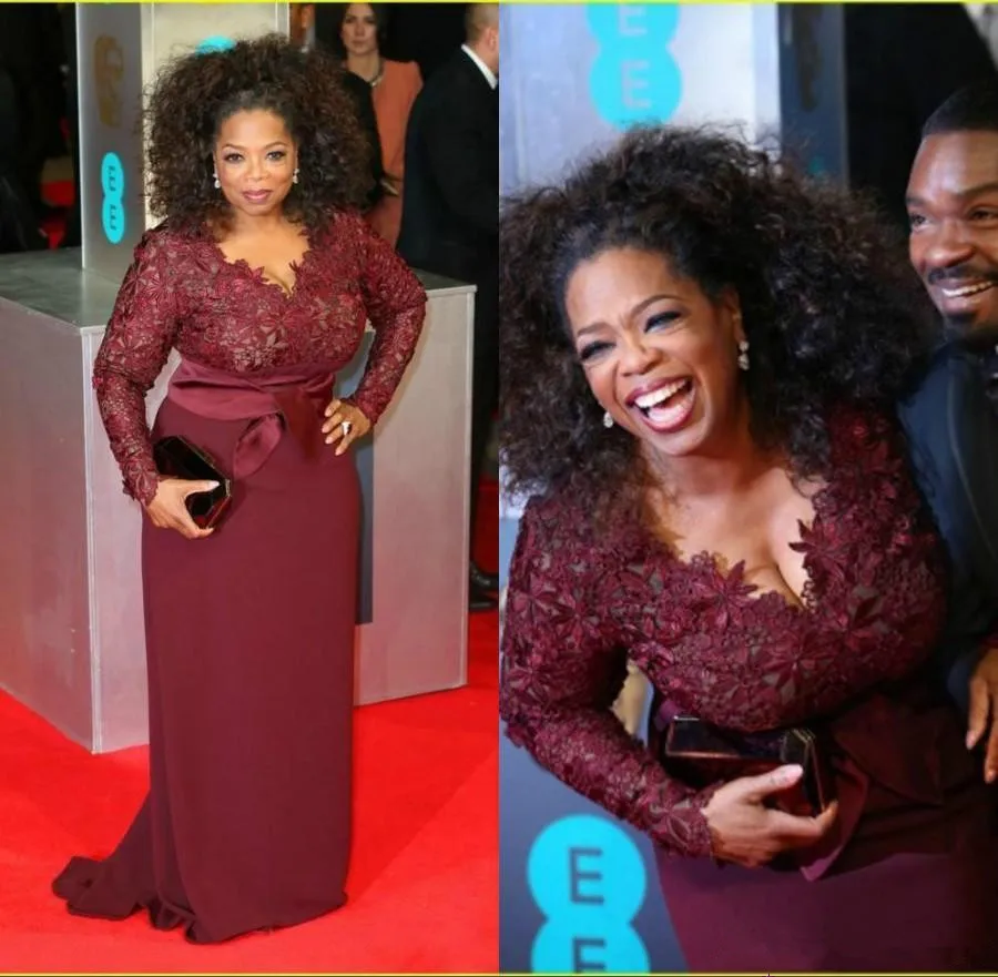 Oprah Winfrey Burgundy Long Sleeves Mother Of The Bride Dresses V