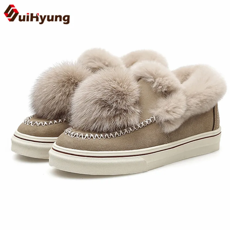 

Suihyung New Winter Women's Shoes High Quality Suede Warm Plush Ankle Boots Real Rabbit Hairball Snow Boots Flat Cotton Shoes