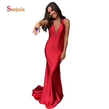 

Red Satin Prom Dresses Long 2019 Newly V Neck Halter Sheath Formal Occasion Dresses for Girls Cheap Graduation Gowns D833