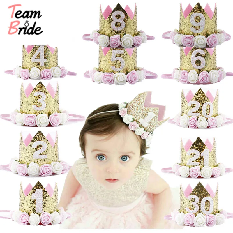 

Team Bride Baby Girl Birthday Party Hats Kids Birthday Princess Crown Cap Party Decorations Kids Favors Headband 1 2 3 4 5 6 7 8