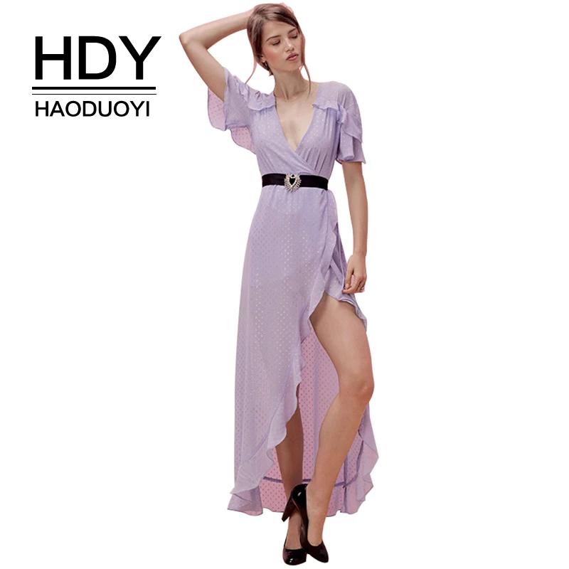 HDY Haoduoyi глубокий v-образный вырез короткий рукав Высокий Низкий макси платье в горошек с поясом Обёрточная бумага темперамент смокинг элегантные пикантные вечерние платья