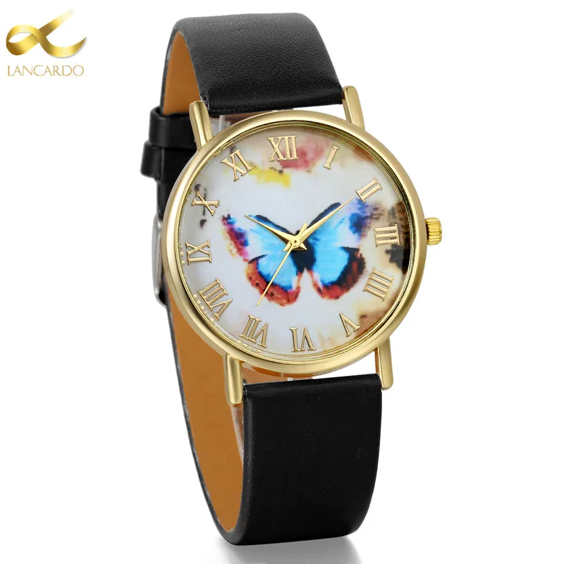 Lancardo New Top Brand Butterfly Leather Black Montre Femme Casual Dress Watch Ladies Wrist Quartz Watch Women Watches