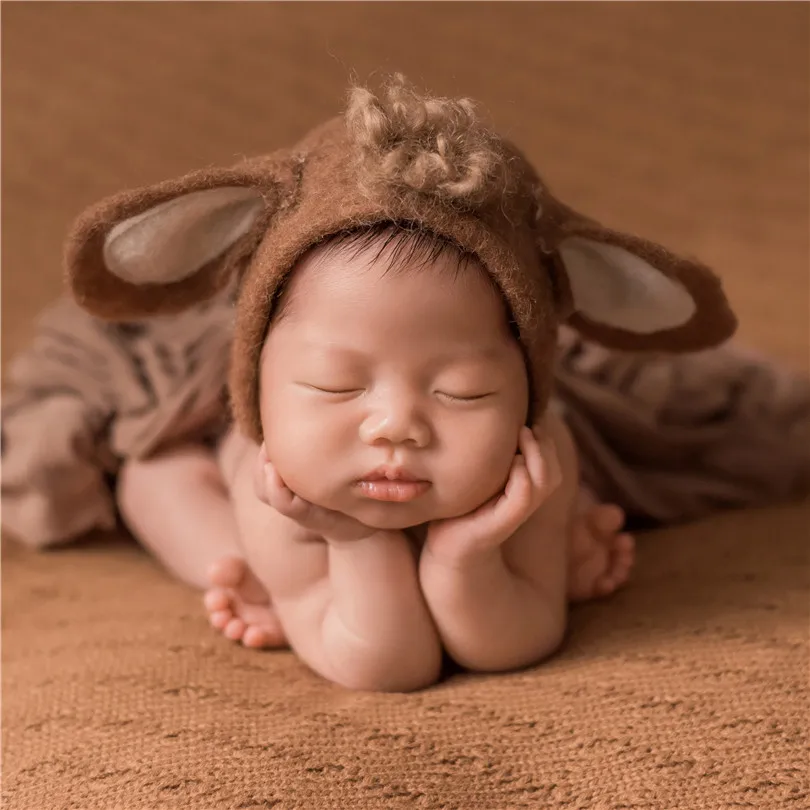 Белая шерстяная шапка для новорожденных, милая кроличья шляпа с кроличьим мехом, шерстяной берет для фотосъемки, реквизит для фотосессии - Цвет: as photo