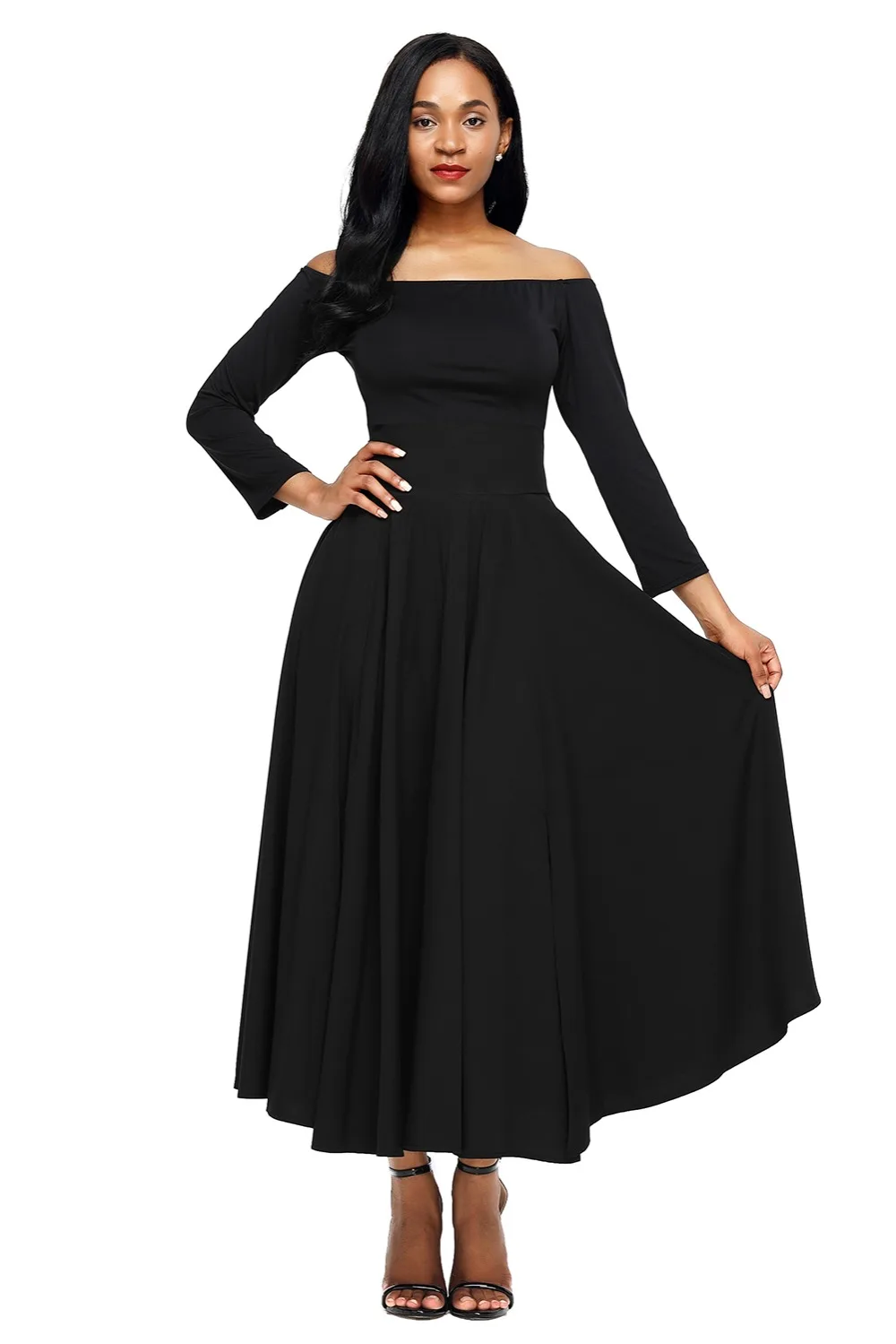Black-Retro-High-Waist-Pleated-Belted-Maxi-Skirt-LC65053-2-1