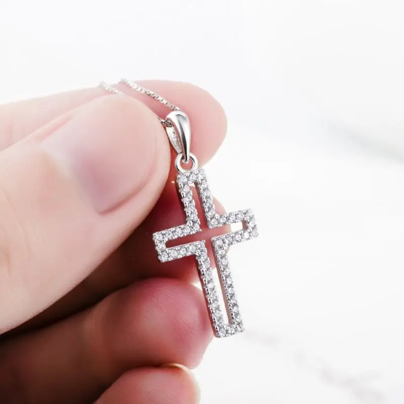 50% off Solid 925 Sterling Silver Gothic Cross Pendant Necklace Round Cut Created Diamond Jewelry Fashion Gift Best Friend Women