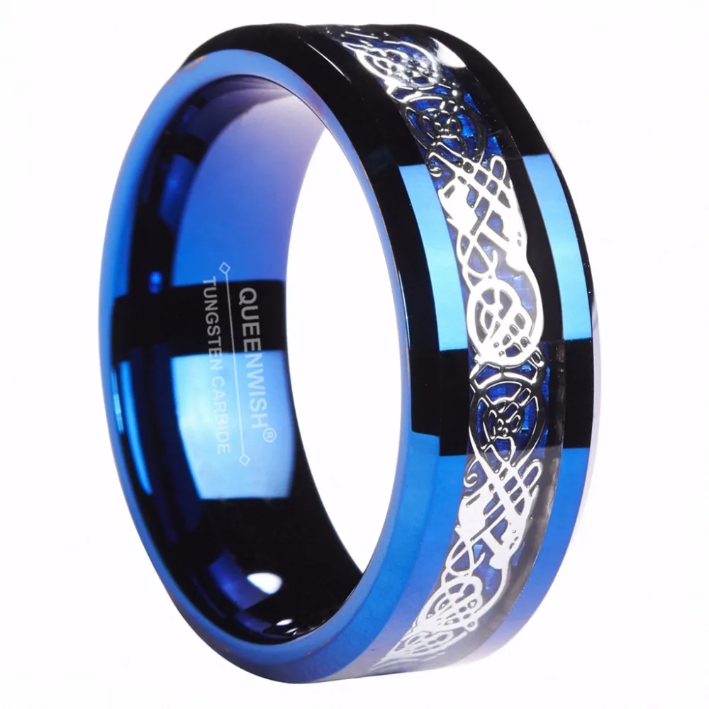 Queenwish 8mm Blue Tungsten Ring Silver Color Celtic Dragon Blue Carbon