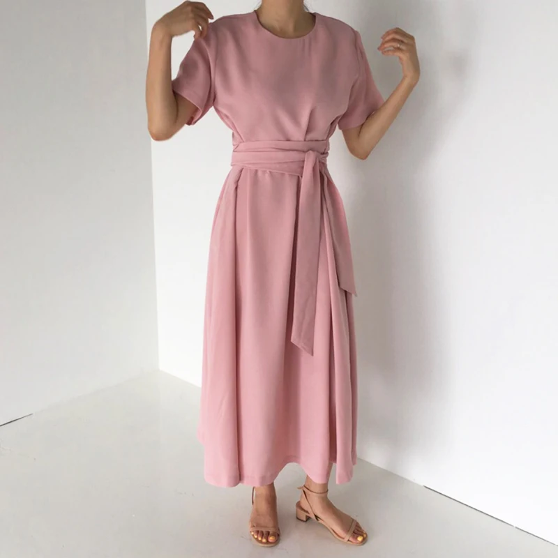 

Solid Color One Piece a Line Dress Slim Waist Belt Simple Design Long Dress Robe Longue Vestido Largo Vestiti Lunga