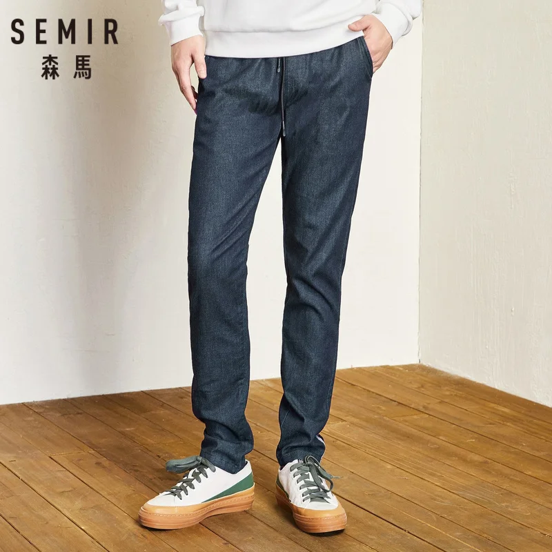 

SEMIR Mens Slim Fit Cotton Blend Pull-on Jeans in Washed Denim Men's Pull-on Pants Trousers with Elastic Drawstring Waistband