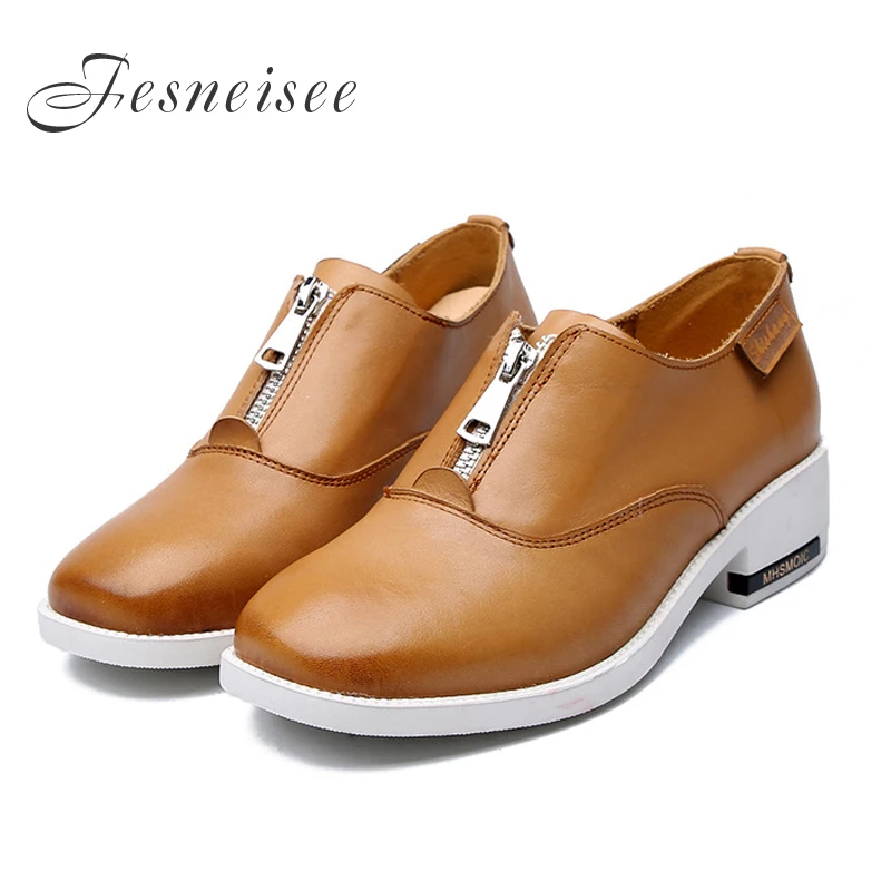 

Fesneisee 2019 New Spring/Autumn Genuine Leather Shoes Women Round Toe Casual Retro Cow Muscle Zipper Platform Women Pumps