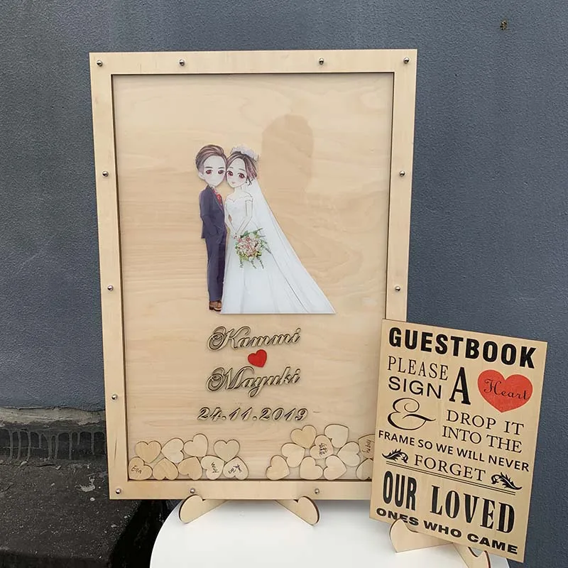 Wooden Wedding Wood Frame Heart Guestbook Wedding Decoration Memorial Guest Frame Heart Guestbook 120pcs Small Wood Hearts