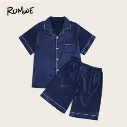 ROMWE Мужская контрастная Привязка атласные темно-синие пижамные комплекты короткий рукав с одной пуговицей топы с эластичной талией шорты