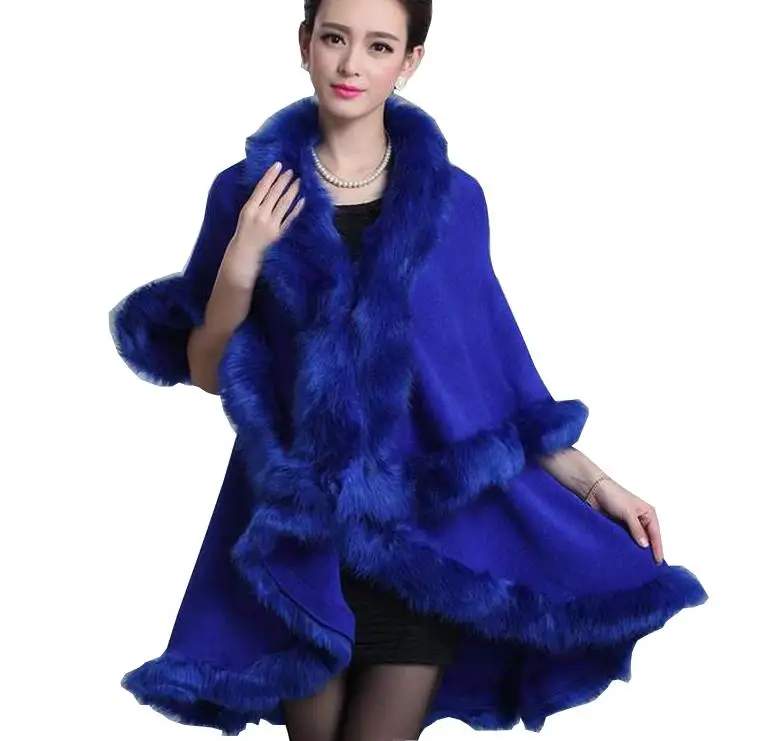 

New Fashion Noble Long Wool Cashmere Imitation Fox Fur Collar Trim Coat Women Cardigan Faux Fur Poncho Shawl cape D1649