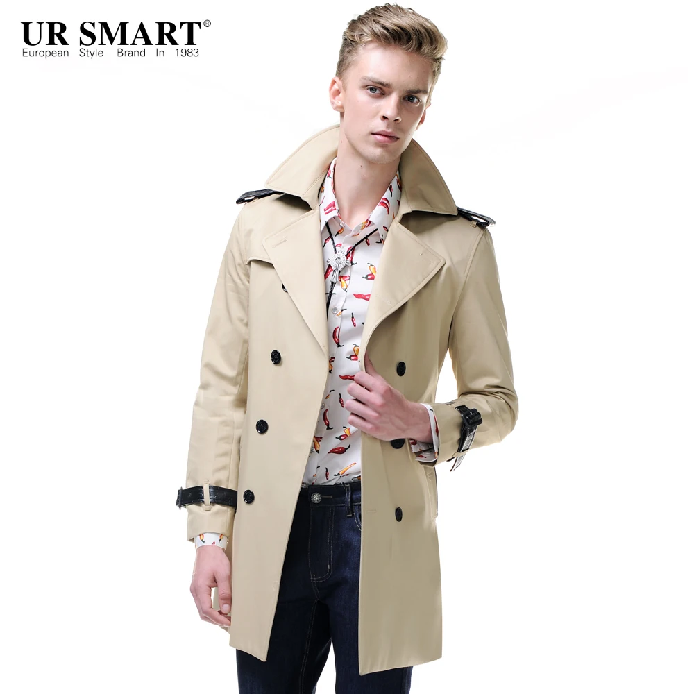 URSMART In the new winter double breasted trench coats khaki men long