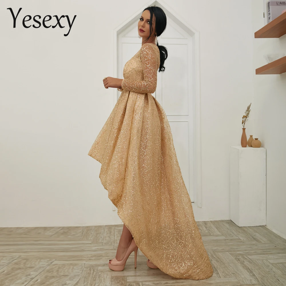 Yesexy 2020 женские сексуальные блестящие платья с длинным рукавом и круглым вырезом