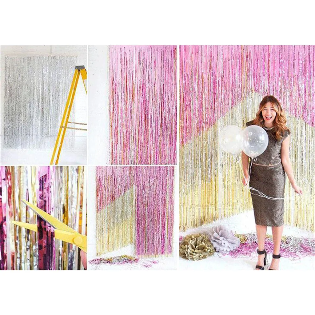 2M 3M 4M Silver Metallic Foil Tinsel Fringe Curtain Chrome Metal Shimmer Curtain for Birthday Wedding Party Photo Props