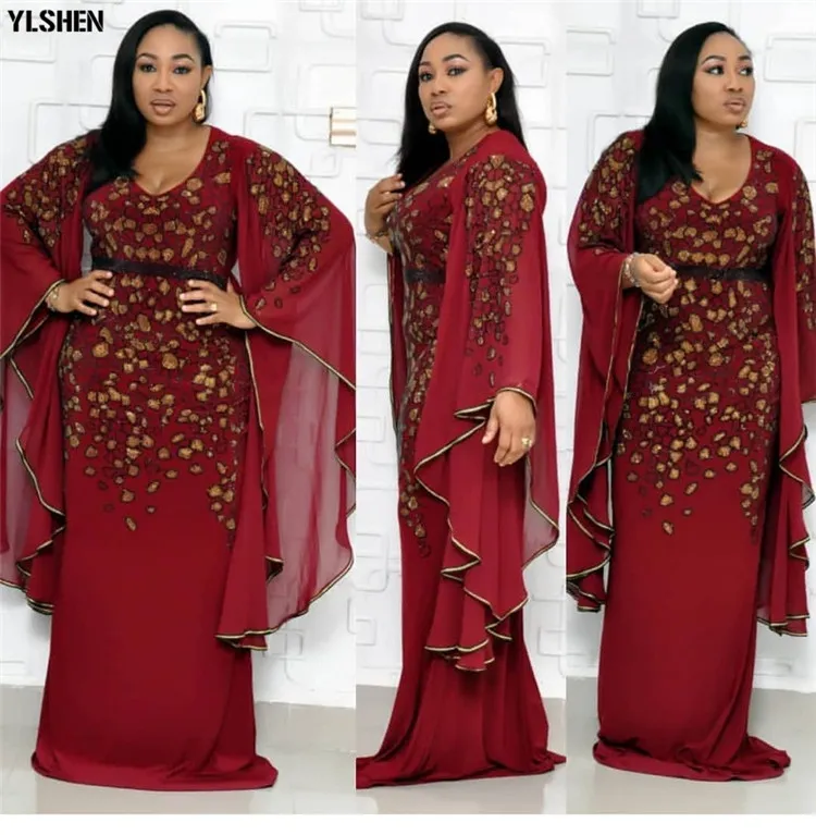 African Dresses for Women New Dashiki African Clothes Bazin Riche Sexy Slim Big Sleeve Sequins Embroidery Long Africa Dress