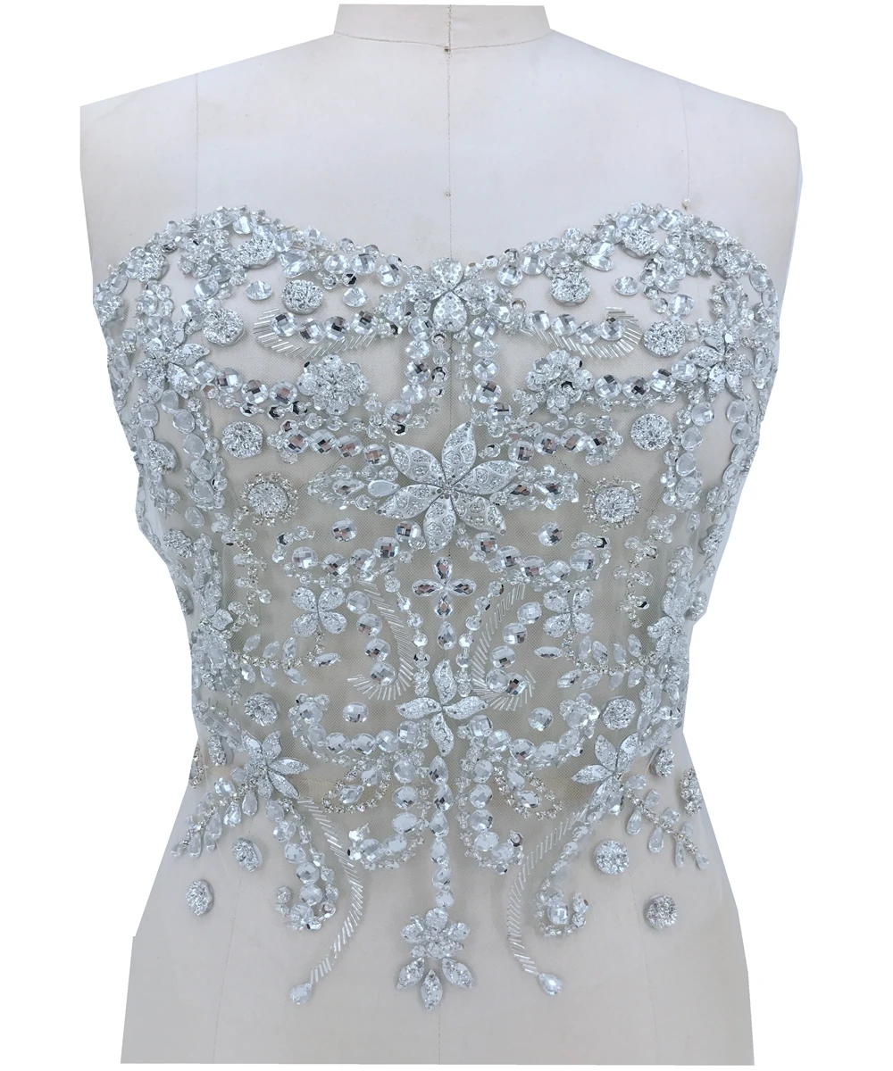 

Hand made silver Sew on rhinestones applique on mesh trim crystals patches 36*35cm for wedding dress accessory