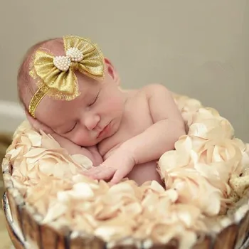 

240pcs/lot New Baby Gold Hair Bow Matching Sparking Rhinestone Glitter Elastic Headband