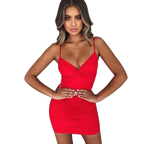 Лето, женское Новое модное красное платье с v-образным вырезом, яркое скрученное платье на бретельках, сексуальные мини платья - Цвет: Красный