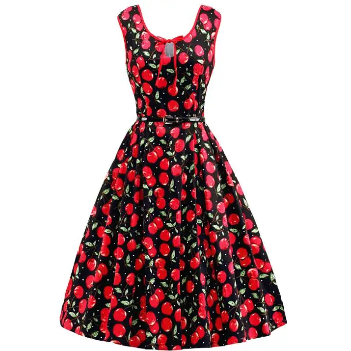 

Women Vintage sleeveless Dresse Cherry Printed Summer RetroSwing Pinup Rockabilly tank Dress Plus Size 3xl