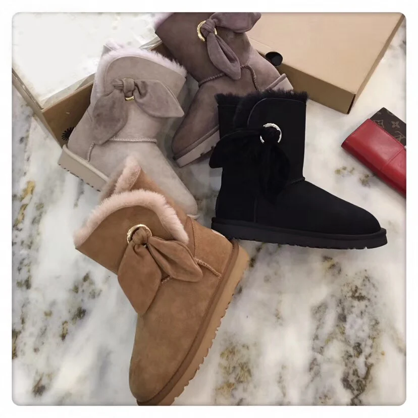 

Kmeioo Sweet Women Snow Boot Bowtie Ankle Boots Round Toe Flats Slip On Short Boots Fur Winter Women Shoes