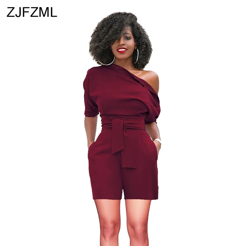 ZJFZML Solid Plus Size Rompers Womens Jumpsuit 2018 One Shoulder Short Sleeve One Piece Playsuit Elegant Sashes Short Bodysuits