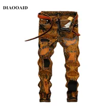 DIAOOAID, мужские джинсы в ретро стиле с желтым покрытием, с дырками, тонкие, прямые, мужские, из кусков, с вышивкой, рваные, в стиле хип-хоп, джинсовые штаны